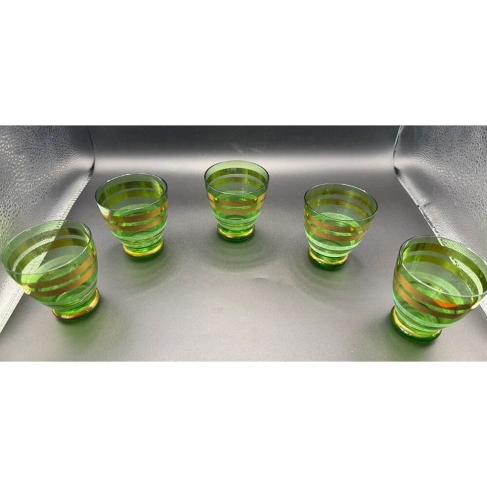 Vintage Emerald Green Gold Band Cordial Glasses MCM Barware Set of 5
